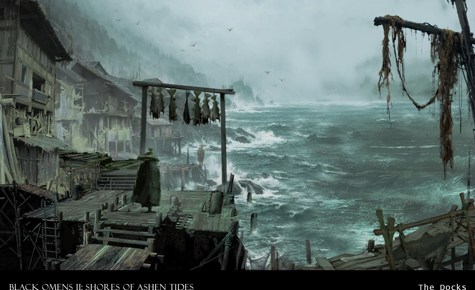 Development concept art of a storm-worn coastal settlement beside the sea