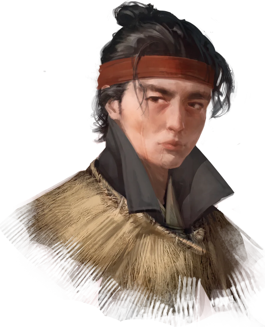 Portrait concept of Idate Kōhei, a military scout wearing a straw mantle