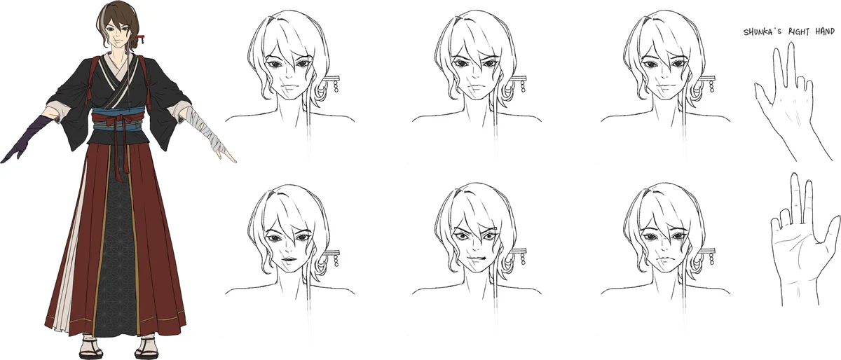Character and facial expression concept sheet for Tachibana Shunka
