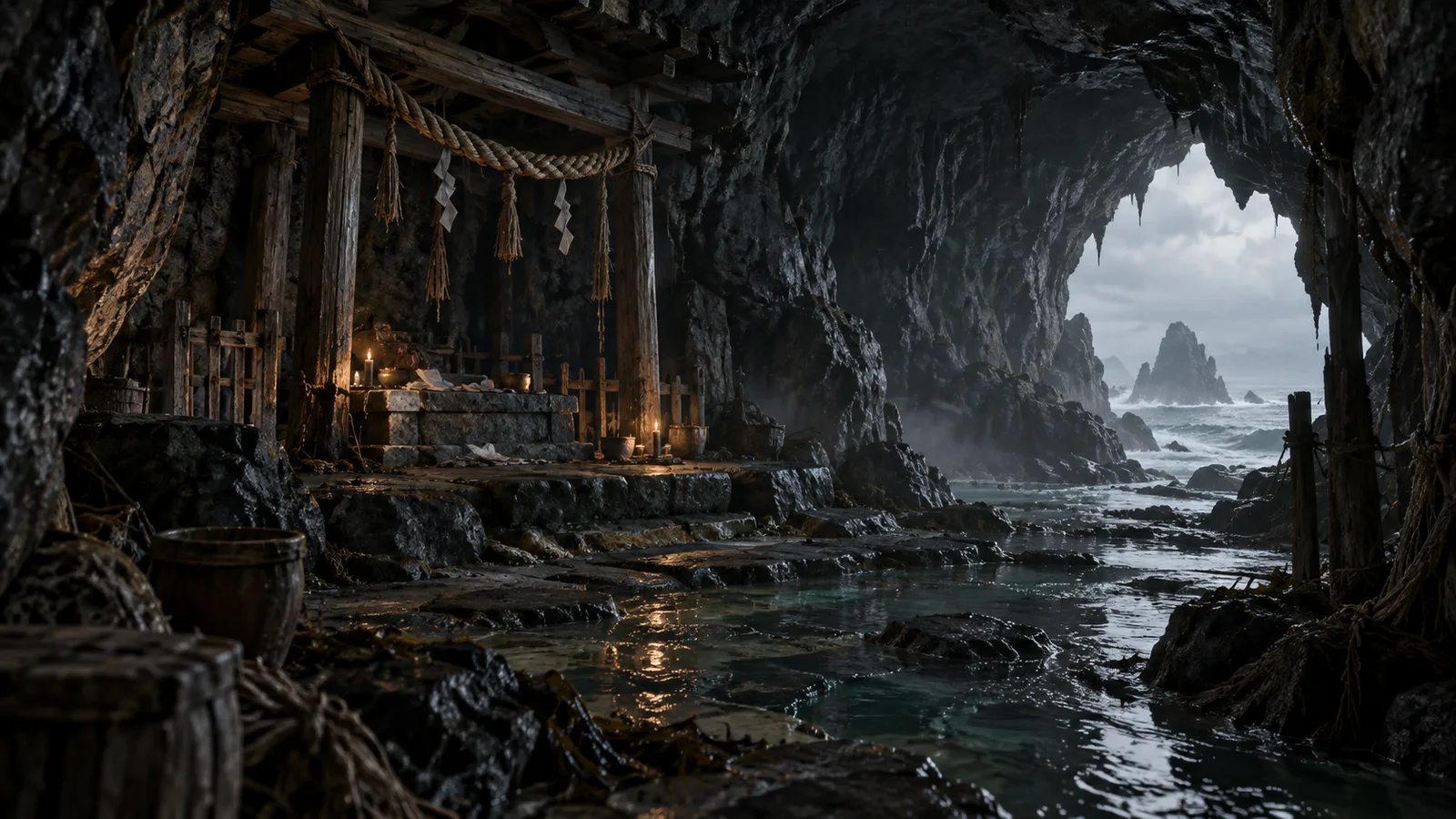 AI-generated concept illustration: an abandoned wooden shrine in a sea cave, with shallow tidal water and candlelit offerings.