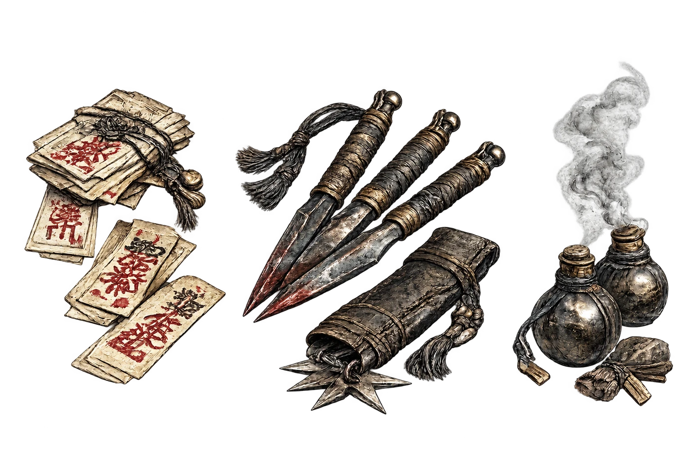 Talismans, throwing knives and smoke bombs