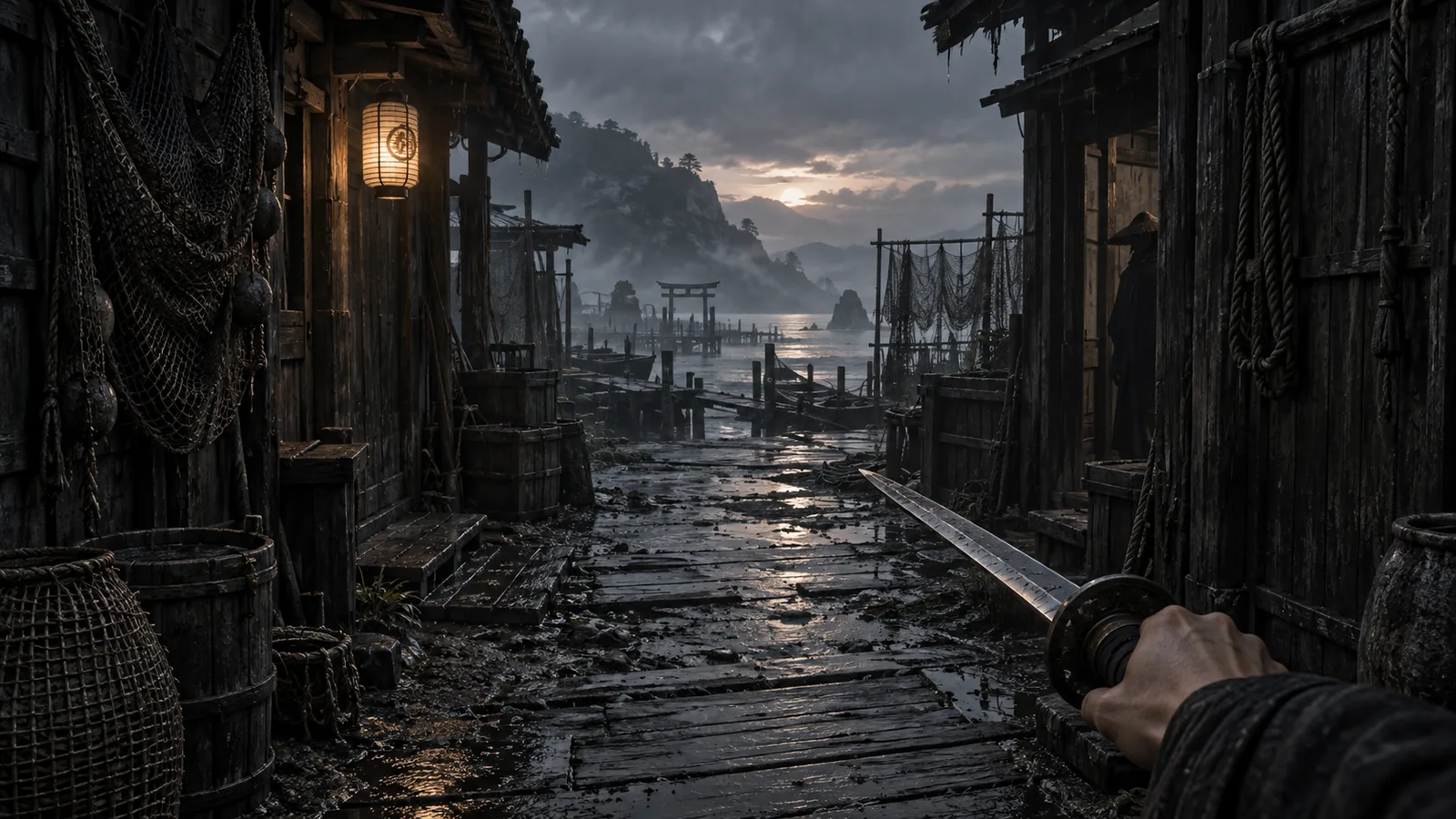 AI-generated concept illustration: first-person katana held low in a rain-soaked coastal village, with a figure concealed in a doorway.