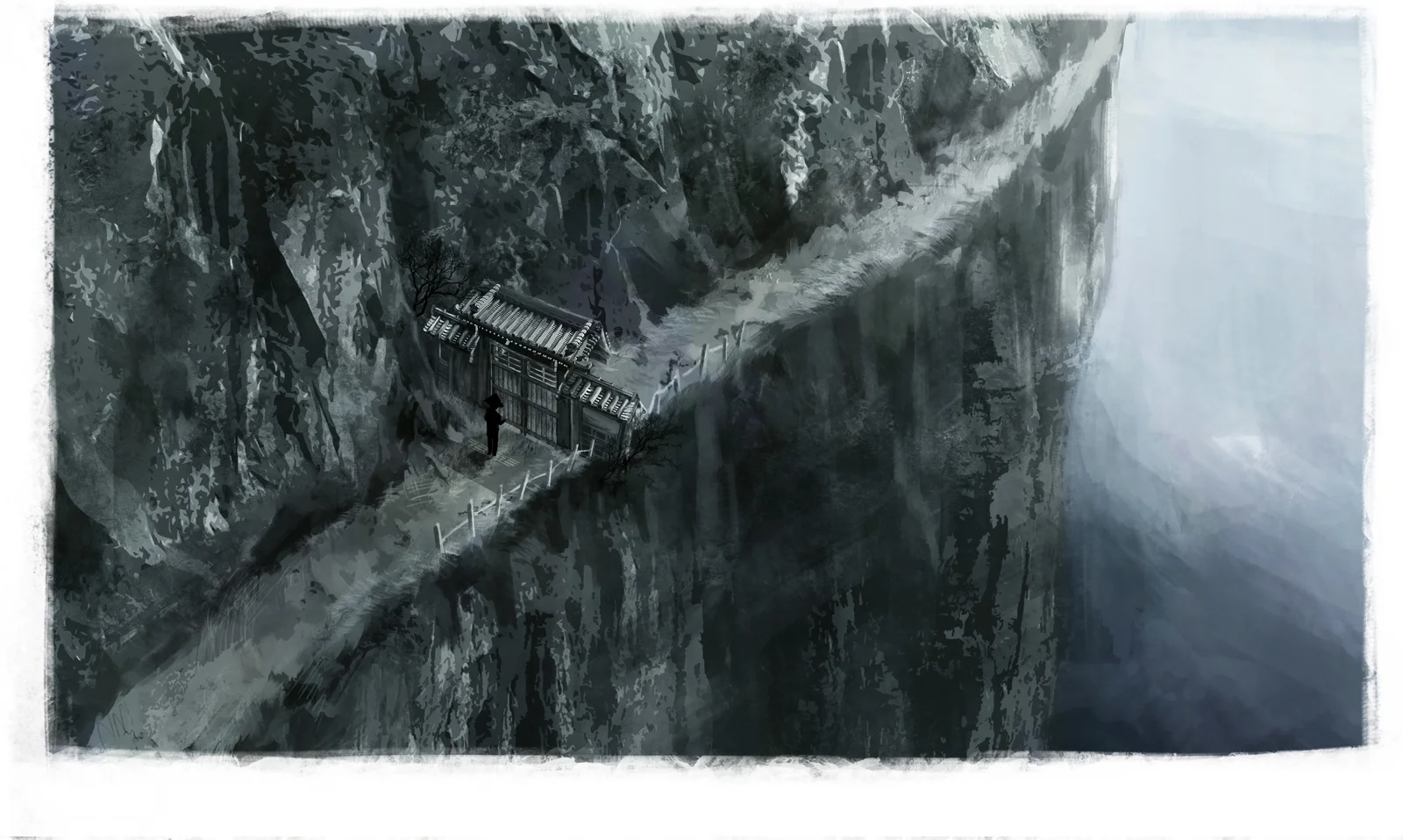 Concept painting of a narrow path through towering coastal cliffs